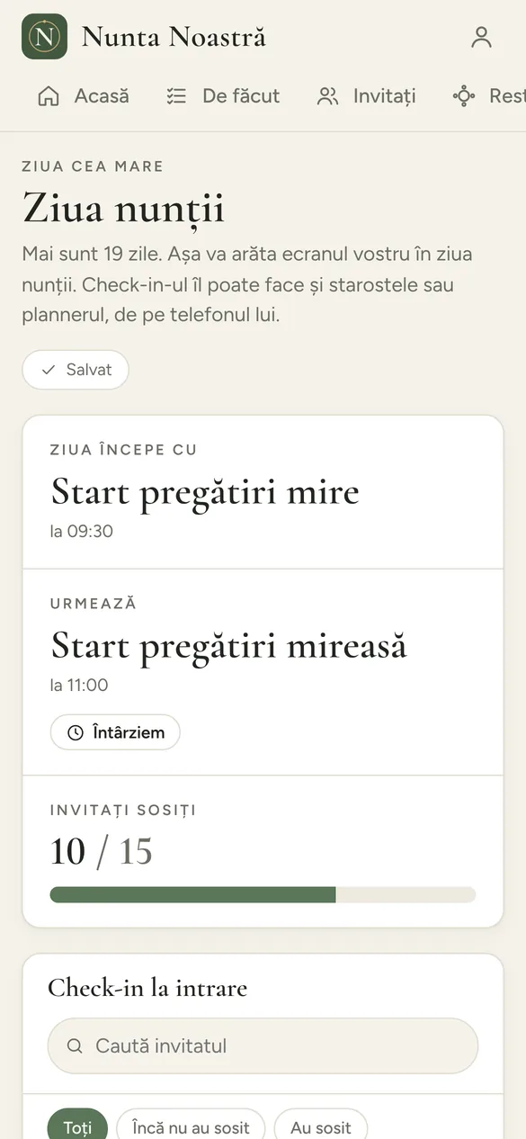 Ecranul pentru ziua nunții cu check-in